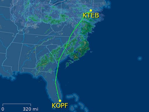 FlightAware map showing an N329MC flight from Opa-locka Executive to Teterboro